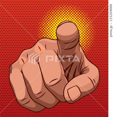 Comic finger points at viewer. Uncle sam hand in pop art style. Business concept illustration. Man show forefinger. Human arm in vintage retro design Comic finger points at viewer. Uncle sam hand in pop art style. Business concept illustration. Man show forefinger. Human arm in vintage retro design 133204666