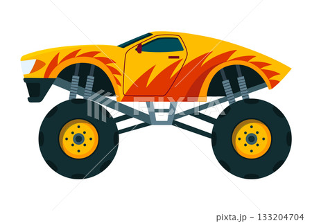Monster truck. Bright colorful cartoon auto with big wheels. Heavy car with large tires and black tinted windows. Isolated rally 4x4 computer or mobile game Monster truck. Bright colorful cartoon auto with big wheels. Heavy car with large tires and black tinted windows. Isolated rally 4x4 computer or mobile game 133204704