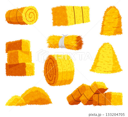 Collection of hays. Flat vector illustration dried haystacks with fork. Rolls of hay. A supply of feed for livestock, the object of agriculture. Farm straw bale nature agriculture 133204705