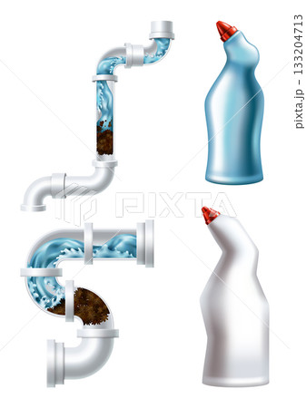 Clogged pipe drain and cleanser bottle. Blank container with sanitary chemical liquid. Canalization tube with water splash. Plumbing clog repair 133204713