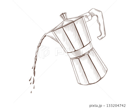 Metal geyser coffee maker on fire with coffee filter with a stream of hot aromatic coffee as a sign of cheerfulness and morning energy.Vector illustration hand drawn in line style 133204742