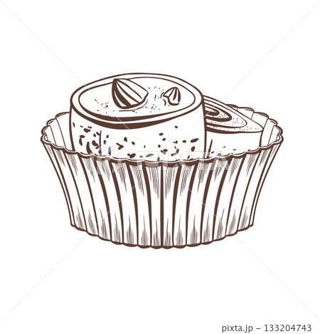 Classic Rahat Lokum in paper cup stylized vector art-chewy pistachio-filled squares dusted with icing sugar.Minimalism in vector illustration in black and white for food packaging,menu 133204743