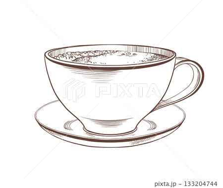 Classic wide porcelain cup with Americano coffee and light foam,elegant handle on saucer as a piece of kitchen utensils and symbol of coffee drinking.Vector illustration in line art 133204744