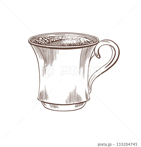 Coffee cup with black coffee and foam in elegant black and white vector style.Classic ceramic porcelain with eastern slender handle.For cafe logos,menu design,and food-related branding projects 133204745