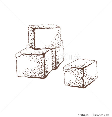 Raw cane sugar chunks in minimalist black and white vector style. Natural sweetener graphic for organic food packaging, healthy product labels or bakery branding 133204746