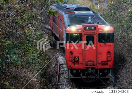 冬の坂を下る津山線津山駅行き普通列車2　岡山県岡山市北区 133204808
