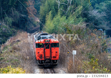 冬の坂を上る津山線岡山駅行き快速列車ことぶき5　岡山県岡山市北区 133204813