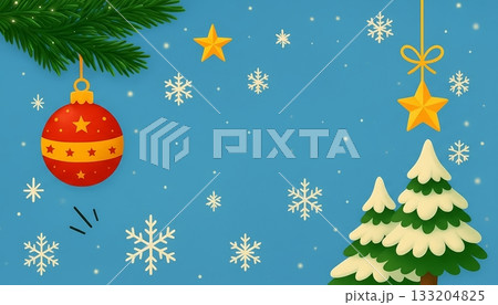 Colorful Christmas decoration with baubles, snowflakes, and festive trees set against a bright blue background Colorful Christmas decoration with baubles, snowflakes, and festive trees set against a bright blue background 133204825