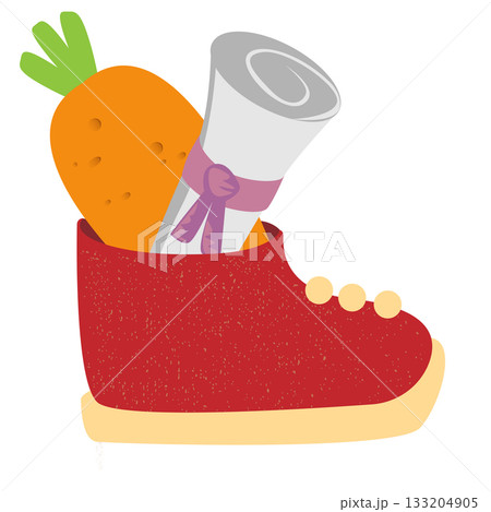 Winter Childrens red boot with carrot and letter for St Nicholas day inside, symbol of Sinterklaas. Sinterklaas cartoon hand drawn shoes with carrot and scroll. Saint Nicholas Day Dutch Holiday Poster Winter Childrens red boot with carrot and letter for St Nicholas day inside, symbol of Sinterklaas. Sinterklaas cartoon hand drawn shoes with carrot and scroll. Saint Nicholas Day Dutch Holiday Poster 133204905
