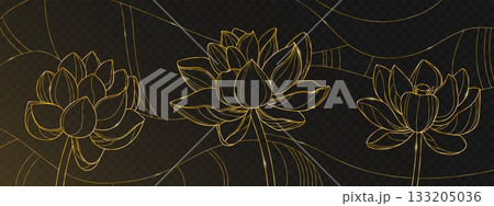 Golden lotus line pattern on black background 133205036