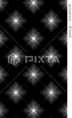 Stylish black and white pattern featuring star-like shapes with radiant lines on a dark background 133205130