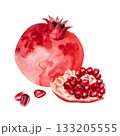 Pomegranate, hand-drawn watercolor illustration. Pomegranate fruits, pomegranate seeds, leaves, and flowers, hand-drawn in watercolor. 133205555