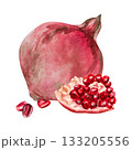 Pomegranate, hand-drawn watercolor illustration. Pomegranate fruits, pomegranate seeds, leaves, and flowers, hand-drawn in watercolor. 133205556