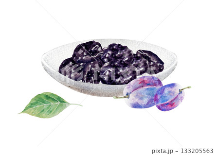 Prunes, dried plum, watercolor illustration, hand drawing Prunes, dried plum, watercolor illustration, hand drawing 133205563