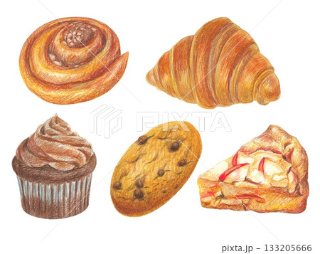Hand drawn illustration with cupcake, cookie, croissant, cinnamon bun, apple cake for graphic design. Isolated colored pencil illustrations on white background. Coffee collection. 133205666