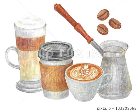 Hand drawn illustration with a parer coffee cup, cup of cappuccino, glass of latte, coffee beans and a coffee pot for graphic design. Isolated colored pencil illustrations on a white background.  133205668
