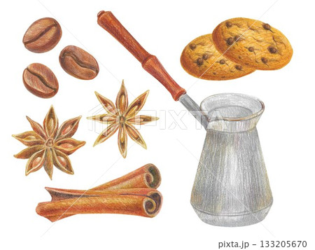 Hand drawn illustration with cookies, cinnamon, star anice, coffee beans and a coffee pot for graphic design. Isolated colored pencil illustrations on a white background. Coffee collection. Hand drawn illustration with cookies, cinnamon, star anice, coffee beans and a coffee pot for graphic design. Isolated colored pencil illustrations on a white background. Coffee collection. 133205670