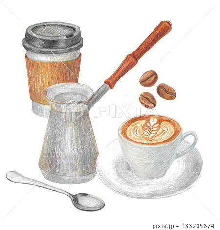 Hand drawn illustration with a cup of cappuccino, paper cup, spoon, coffee beans and a coffee pot for graphic design. Isolated colored pencil illustrations on a white background. Coffee collection. Hand drawn illustration with a cup of cappuccino, paper cup, spoon, coffee beans and a coffee pot for graphic design. Isolated colored pencil illustrations on a white background. Coffee collection. 133205674