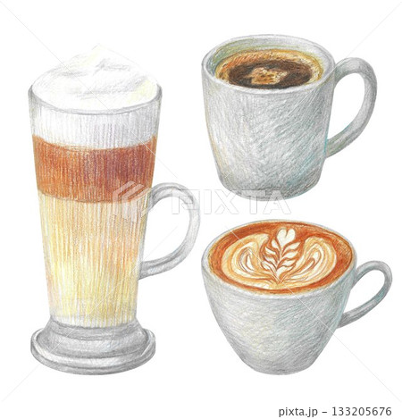 Hand drawn illustration with cups of cappuccino, espresso and a glass of latte for graphic design. Isolated colored pencil illustrations on a white background. Coffee collection. 133205676