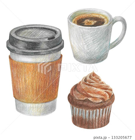 Hand drawn illustration with a cup of espresso, cupcake and a paper cup for graphic design. Isolated colored pencil illustrations on a white background. Coffee collection. 133205677