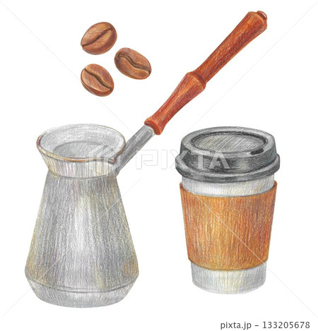 Hand drawn illustration with a parer coffee cup, coffee beans and a coffee pot for graphic design. Isolated colored pencil illustrations on a white background. Coffee collection. Hand drawn illustration with a parer coffee cup, coffee beans and a coffee pot for graphic design. Isolated colored pencil illustrations on a white background. Coffee collection. 133205678