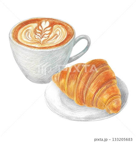 Hand drawn illustration with a cup of cappuccino and a plate with croissant for graphic design. Isolated colored pencil illustration on white background. Coffee collection. Hand drawn illustration with a cup of cappuccino and a plate with croissant for graphic design. Isolated colored pencil illustration on white background. Coffee collection. 133205683