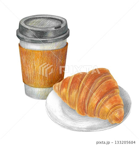 Hand drawn illustration with a paper coffee cup and a plate with croissant for graphic design. Isolated colored pencil illustration on white background. Coffee collection. 133205684