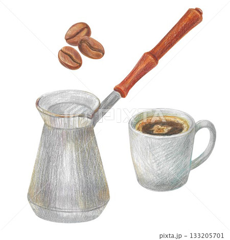 Hand drawn illustration with a cup of espresso, coffee beans and a coffee pot for graphic design. Isolated colored pencil illustrations on a white background. Coffee collection. 133205701