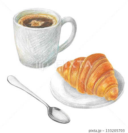 Hand drawn illustration with a cup of espresso, a plate with croissant and a spoon for graphic design. Isolated colored pencil illustration on white background. Coffee collection. 133205703