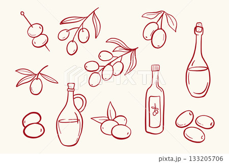 Olive branch line art. Vector illustration with olive leaves and bottle. Botanical hand draw sketch of mediterranean cuisine. Outline whimsical collection 133205706