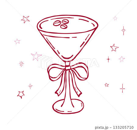 Coquette espresso martini cocktail glass with bow, pink illustration, whimsical sketch 133205710