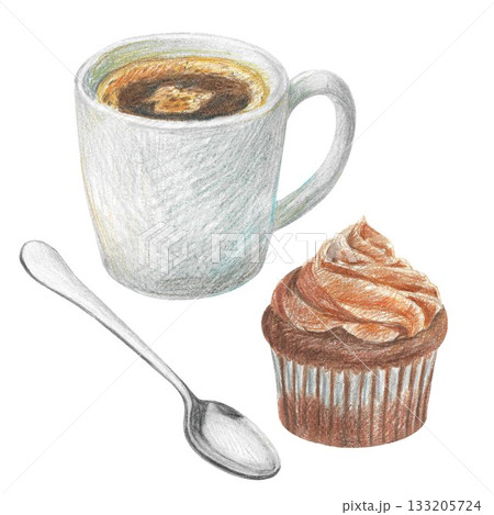 Hand drawn illustration with a cup of espresso, a cupcake and a spoon for graphic design. Isolated colored pencil illustration on white background. Coffee collection. 133205724
