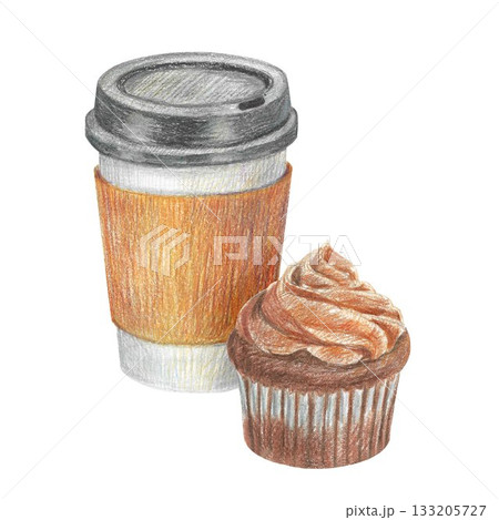 Hand drawn illustration with a paper coffee cup and a cupcake for graphic design. Isolated colored pencil illustration on white background. Coffee collection. 133205727