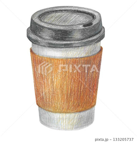 Hand drawn illustration with a paper coffee cup for graphic design. Isolated colored pencil illustration on white background. Coffee collection. 133205737