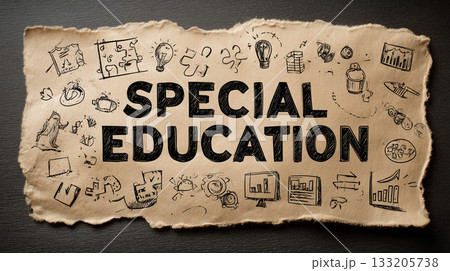 Special education concept on torn paper with hand-drawn doodles 133205738