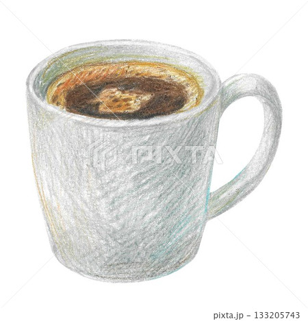 Hand drawn illustration with espresso cup for graphic design. White coffee cup. Isolated colored pencil illustration on white background. Coffee collection. Hand drawn illustration with espresso cup for graphic design. White coffee cup. Isolated colored pencil illustration on white background. Coffee collection. 133205743
