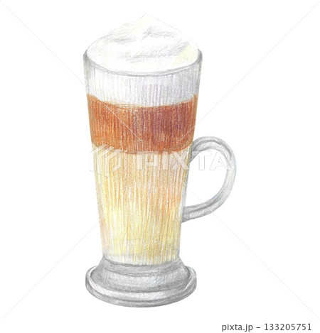 Hand drawn illustration with latte cup for graphic design. Isolated colored pencil illustration on white background. Coffee collection. Hand drawn illustration with latte cup for graphic design. Isolated colored pencil illustration on white background. Coffee collection. 133205751