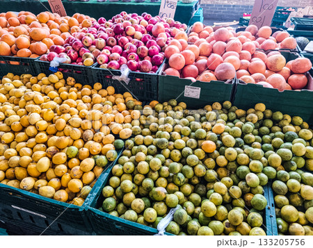 Vibrant citrus abundance at farmers market stall with oranges, tangerines and limes Vibrant citrus abundance at farmers market stall with oranges, tangerines and limes 133205756