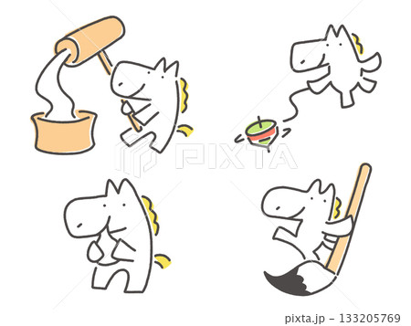 正月を楽しむ白馬のセット 餅つき コマ回し 書き初め 正月を楽しむ白馬のセット 餅つき コマ回し 書き初め 133205769