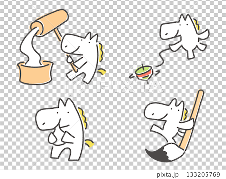 正月を楽しむ白馬のセット 餅つき コマ回し 書き初め 正月を楽しむ白馬のセット 餅つき コマ回し 書き初め 133205769