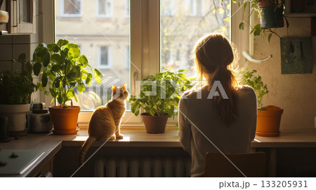 Woman and Cat Gazing Out the Window in a Peaceful Moment 133205931