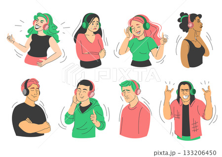 People in headphones listening to music set 133206450