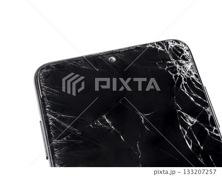 Shattered Smartphone Screen on a White Background Shattered Smartphone Screen on a White Background 133207257