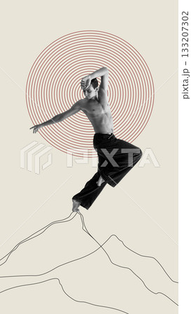 Artistic artwork of man leaping emotionally above mountains with red concentric circle halo 133207302