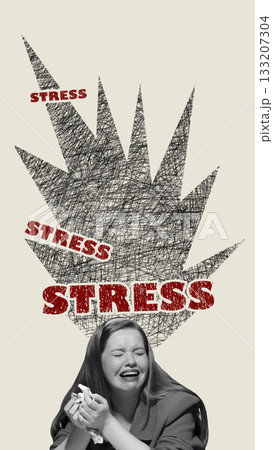 Bold poster of crying woman overwhelmed by multiple stress bursts in chaotic sketch style Bold poster of crying woman overwhelmed by multiple stress bursts in chaotic sketch style 133207304
