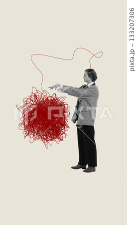 Expressive artwork of man reaching toward chaotic red scribble ball with emotional tension Expressive artwork of man reaching toward chaotic red scribble ball with emotional tension 133207306