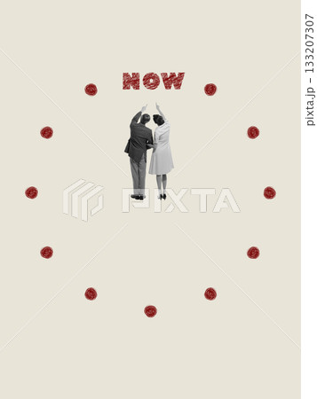 Minimal poster of couple pointing at bold NOW text with gentle emotional focus Minimal poster of couple pointing at bold NOW text with gentle emotional focus 133207307