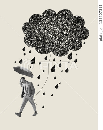 Moody artwork of man walking under chaotic dark scribble cloud with emotional weight 133207311