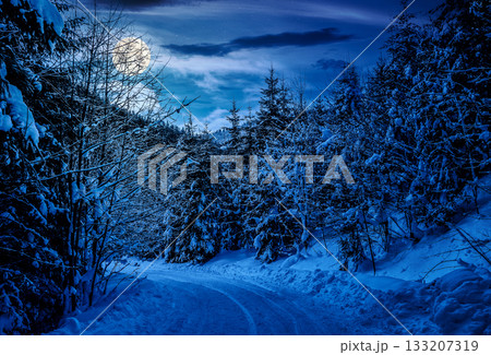 winter mountain landscape at night. curve of country road that leads into the coniferous forest covered with snow in full moon light. backdrop for fiction art or mystery concepts winter mountain landscape at night. curve of country road that leads into the coniferous forest covered with snow in full moon light. backdrop for fiction art or mystery concepts 133207319