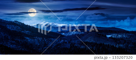 panorama of distant mountain ridge with snowy top at night. beautiful forested rolling hill of a countryside in front in full moon light. backdrop for fiction art or mystery concepts panorama of distant mountain ridge with snowy top at night. beautiful forested rolling hill of a countryside in front in full moon light. backdrop for fiction art or mystery concepts 133207320